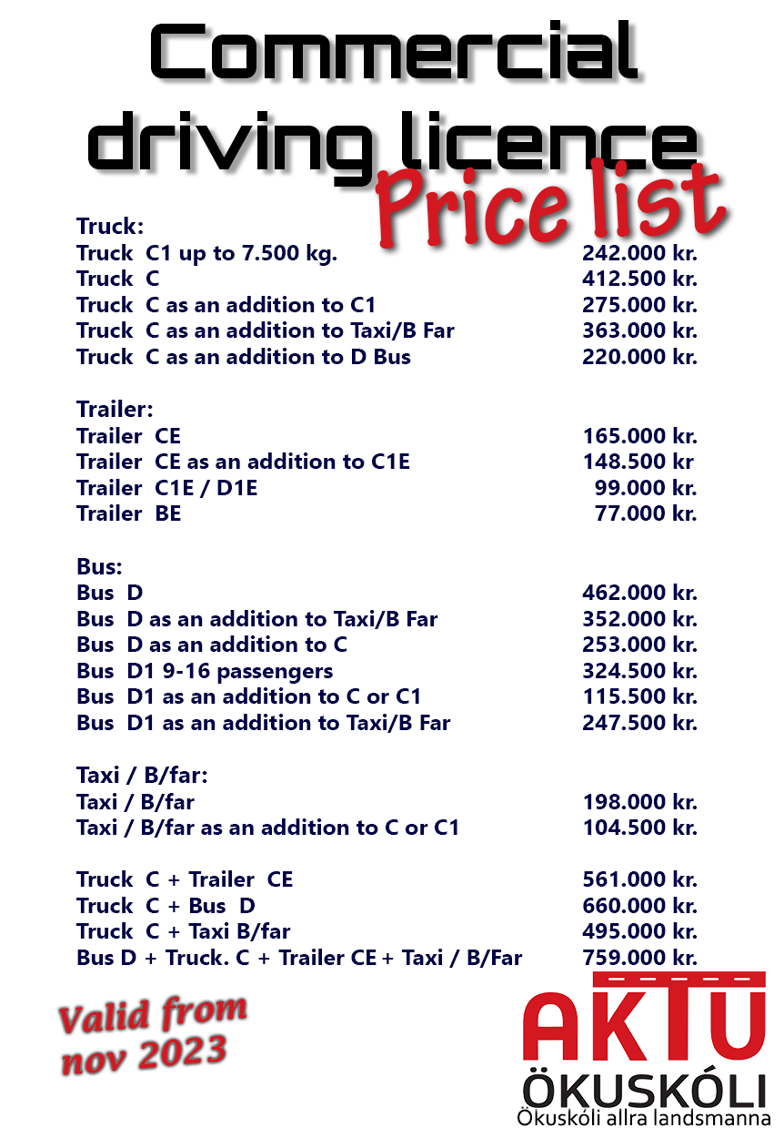 Aktu ökuskóli - Commercial driving license Price list