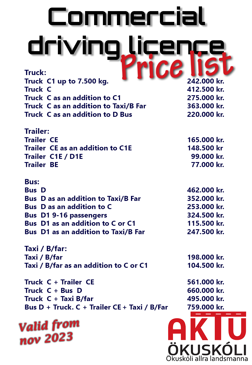 Aktu kuskli - Commercial driving license Price list